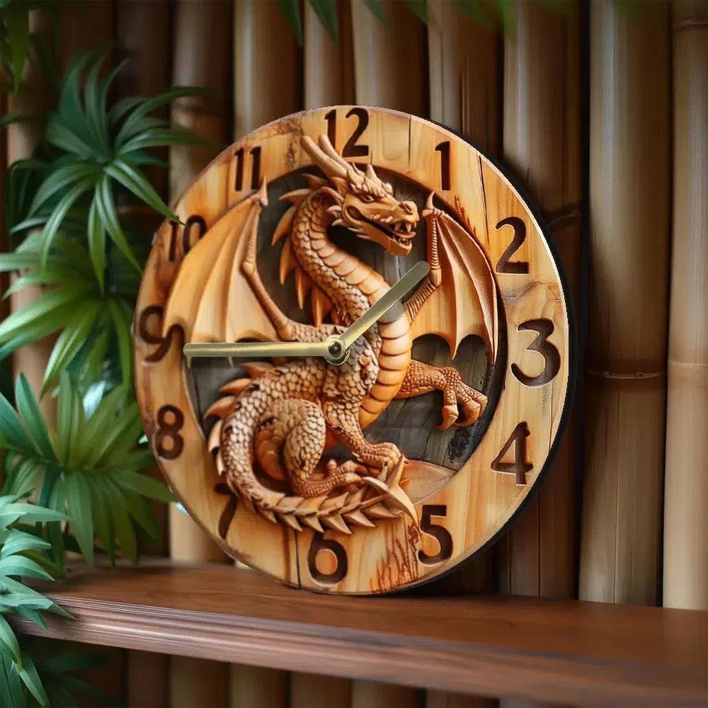 Wooden wall clock with a dragon - Mythical Dragon Wall Clock